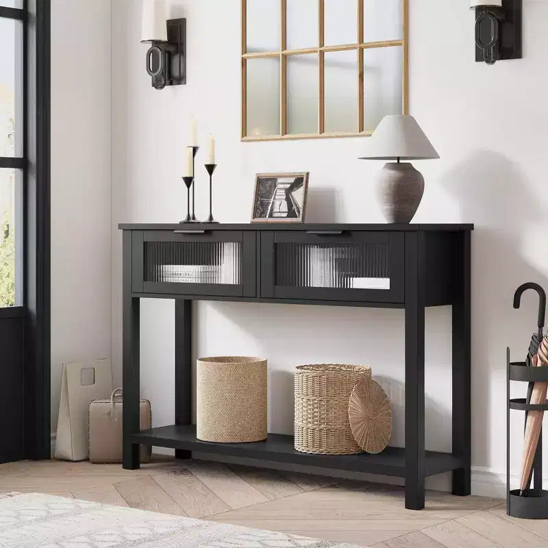 Console en bois pour entrée, table de canapé à 2 niveaux avec 2 tiroirs en verre et étagères ouvertes, idéale pour salon et hall, chêne