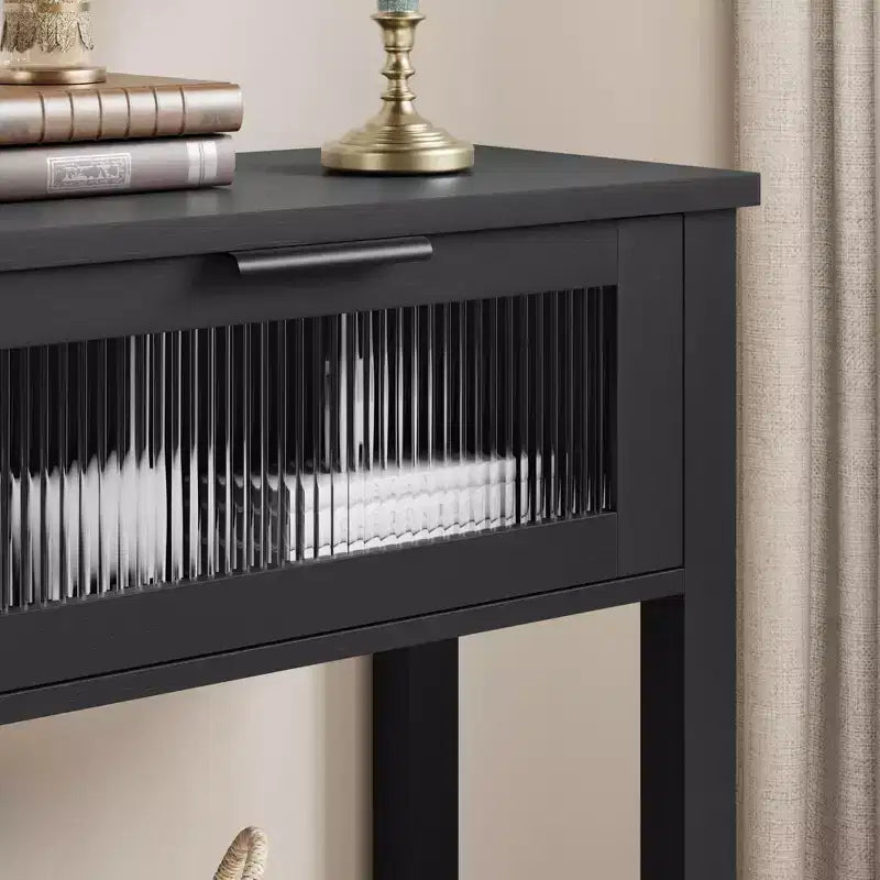 Console en bois pour entrée, table de canapé à 2 niveaux avec 2 tiroirs en verre et étagères ouvertes, idéale pour salon et hall, chêne