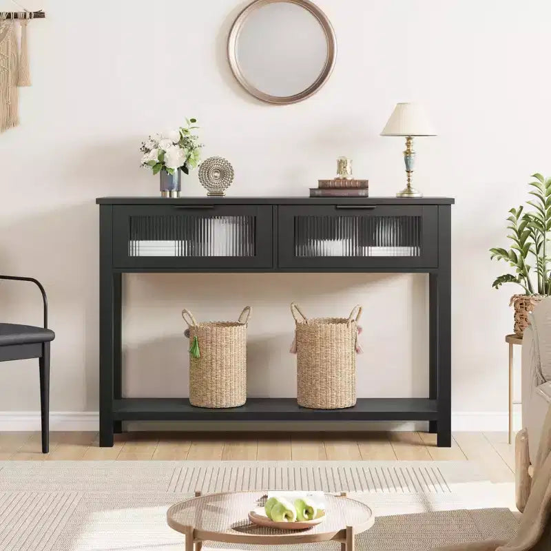 Console en bois pour entrée, table de canapé à 2 niveaux avec 2 tiroirs en verre et étagères ouvertes, idéale pour salon et hall, chêne