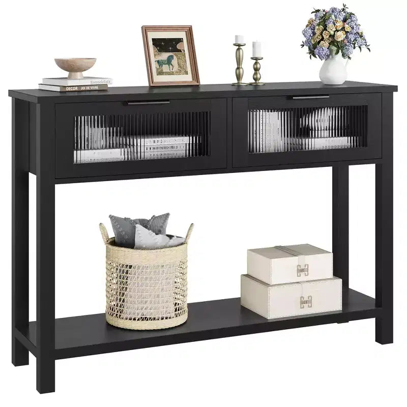 Console en bois pour entrée, table de canapé à 2 niveaux avec 2 tiroirs en verre et étagères ouvertes, idéale pour salon et hall, chêne