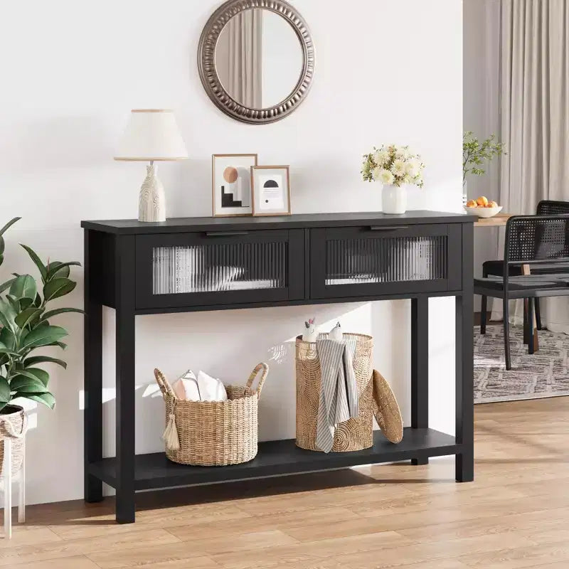 CuisinSmart Wood Console Table for Entryway, 2-Tier Sofa Table with 2 Glass Drawers & Open-shelf Storage, Ideal for Living Room & Foyer, Oak