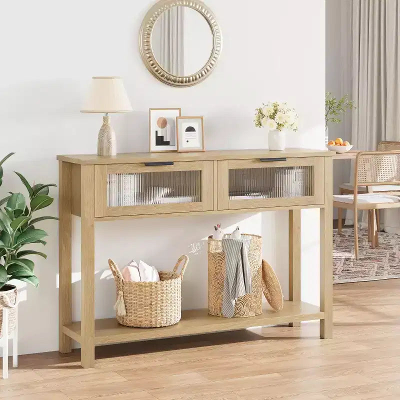 Console en bois pour entrée, table de canapé à 2 niveaux avec 2 tiroirs en verre et étagères ouvertes, idéale pour salon et hall, chêne