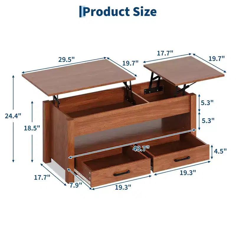 Table basse en bois relevable 120 cm, 2 tiroirs de rangement, compartiment caché, hauteur réglable, gain de place, style ferme moderne