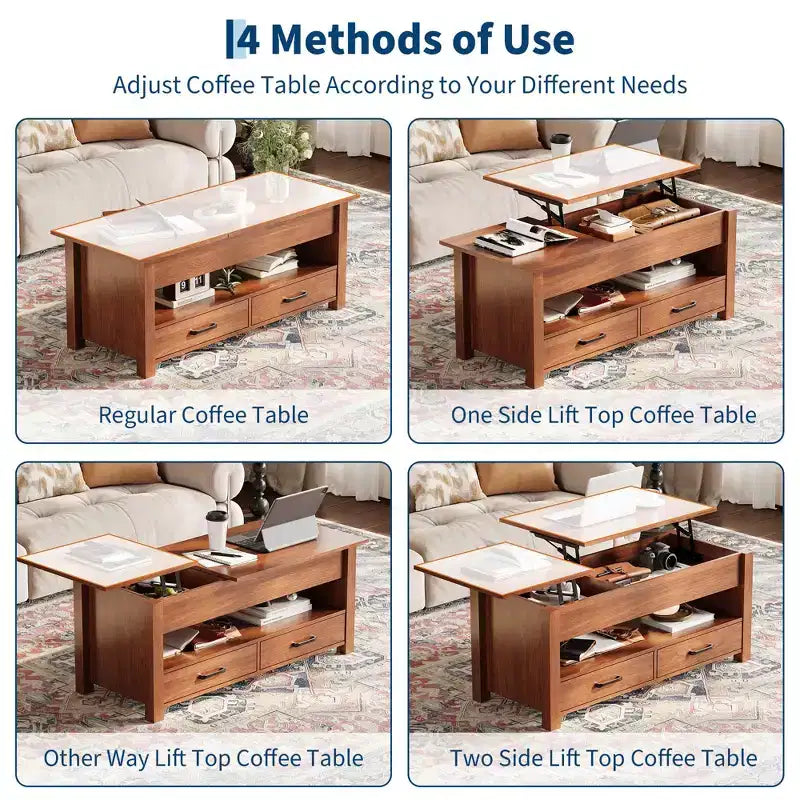 Table basse en bois relevable 120 cm, 2 tiroirs de rangement, compartiment caché, hauteur réglable, gain de place, style ferme moderne