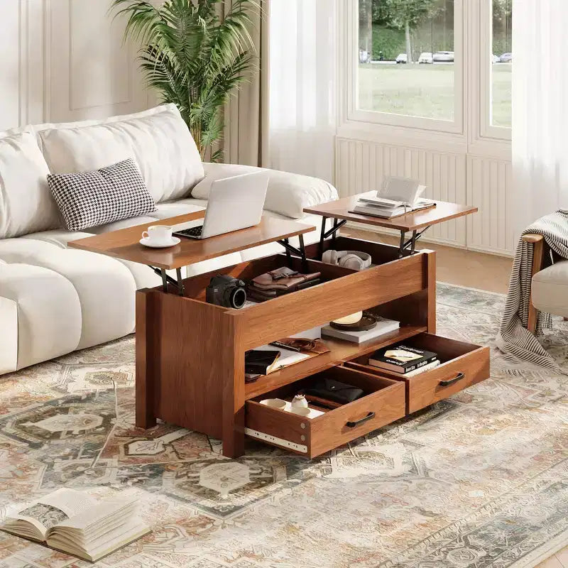 Table basse en bois relevable 120 cm, 2 tiroirs de rangement, compartiment caché, hauteur réglable, gain de place, style ferme moderne