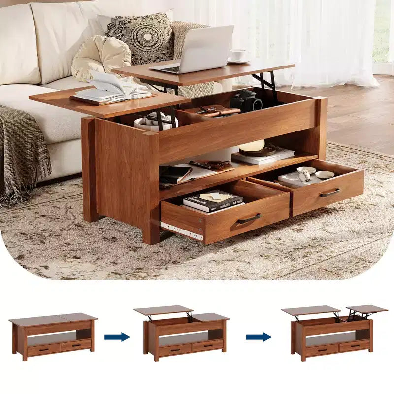 Table basse en bois relevable 120 cm, 2 tiroirs de rangement, compartiment caché, hauteur réglable, gain de place, style ferme moderne