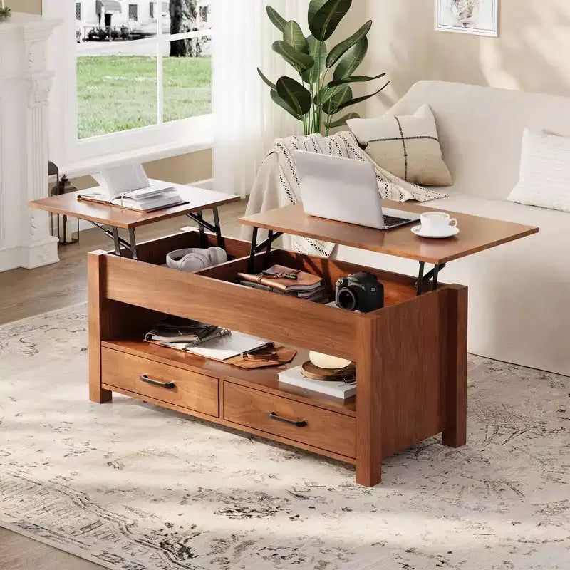 Table basse en bois relevable 120 cm, 2 tiroirs de rangement, compartiment caché, hauteur réglable, gain de place, style ferme moderne