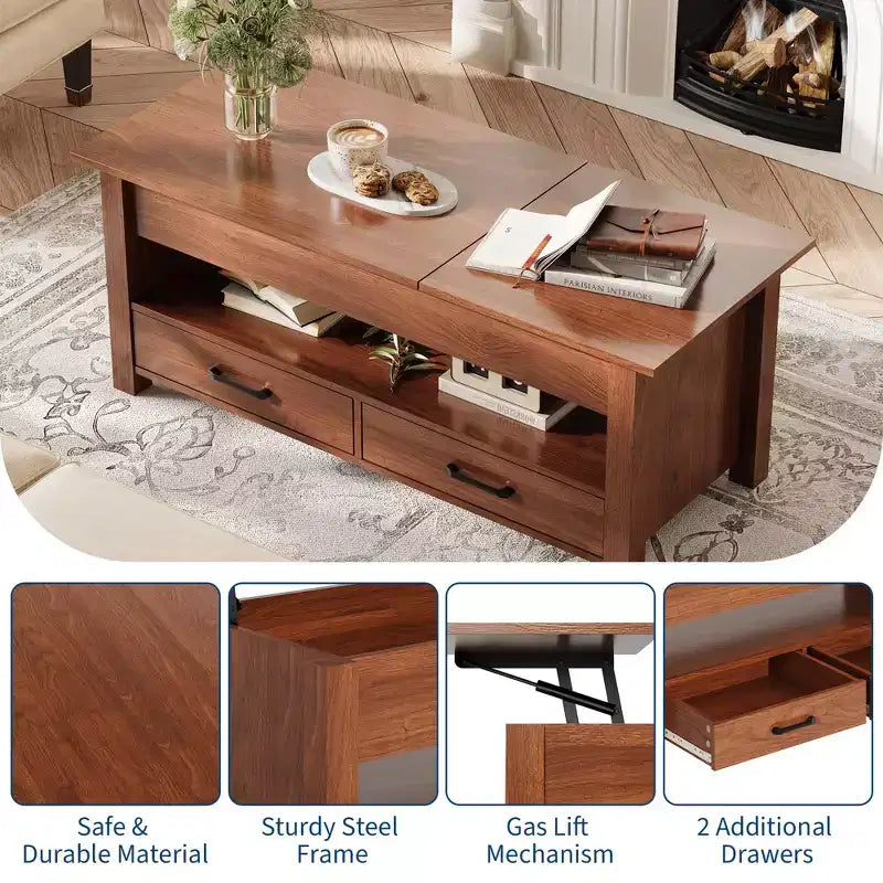 Table basse en bois relevable 120 cm, 2 tiroirs de rangement, compartiment caché, hauteur réglable, gain de place, style ferme moderne