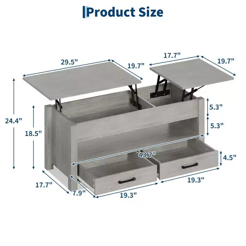 Table basse en bois relevable 120 cm, 2 tiroirs de rangement, compartiment caché, hauteur réglable, gain de place, style ferme moderne