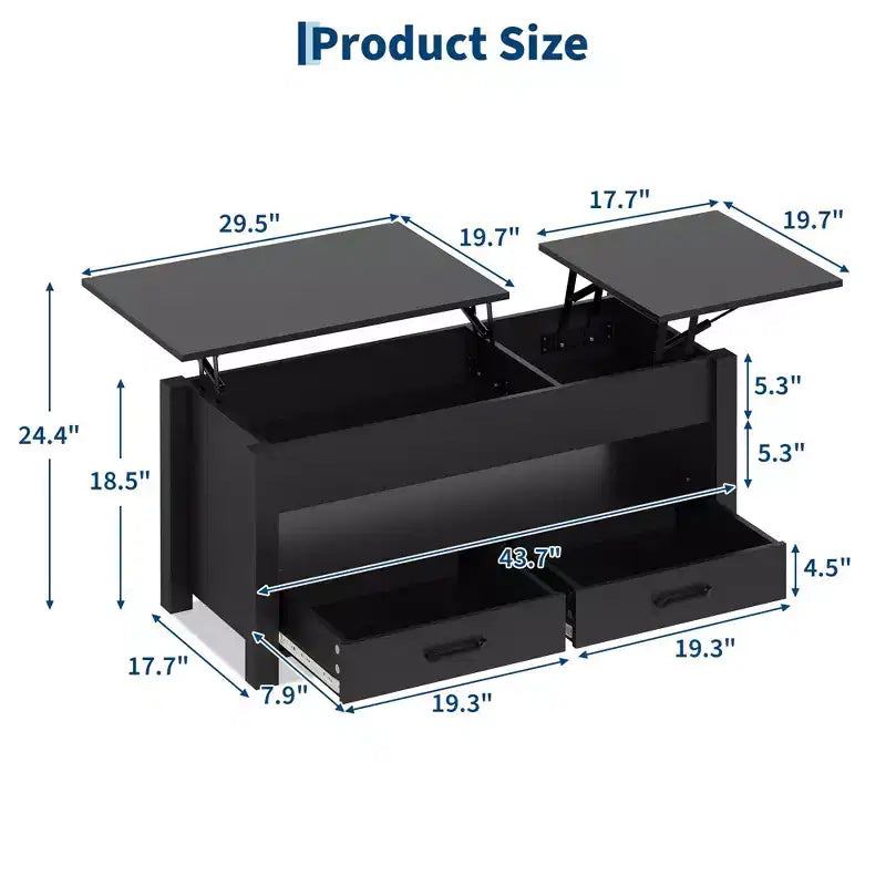 Table basse en bois relevable 120 cm, 2 tiroirs de rangement, compartiment caché, hauteur réglable, gain de place, style ferme moderne