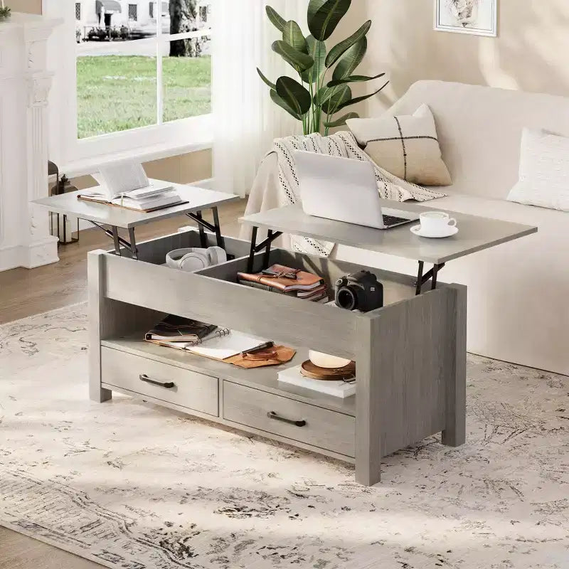 Table basse en bois relevable 120 cm, 2 tiroirs de rangement, compartiment caché, hauteur réglable, gain de place, style ferme moderne