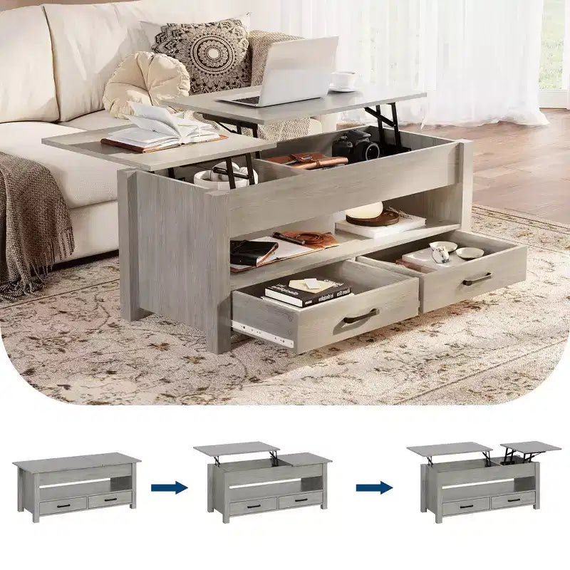 Table basse en bois relevable 120 cm, 2 tiroirs de rangement, compartiment caché, hauteur réglable, gain de place, style ferme moderne