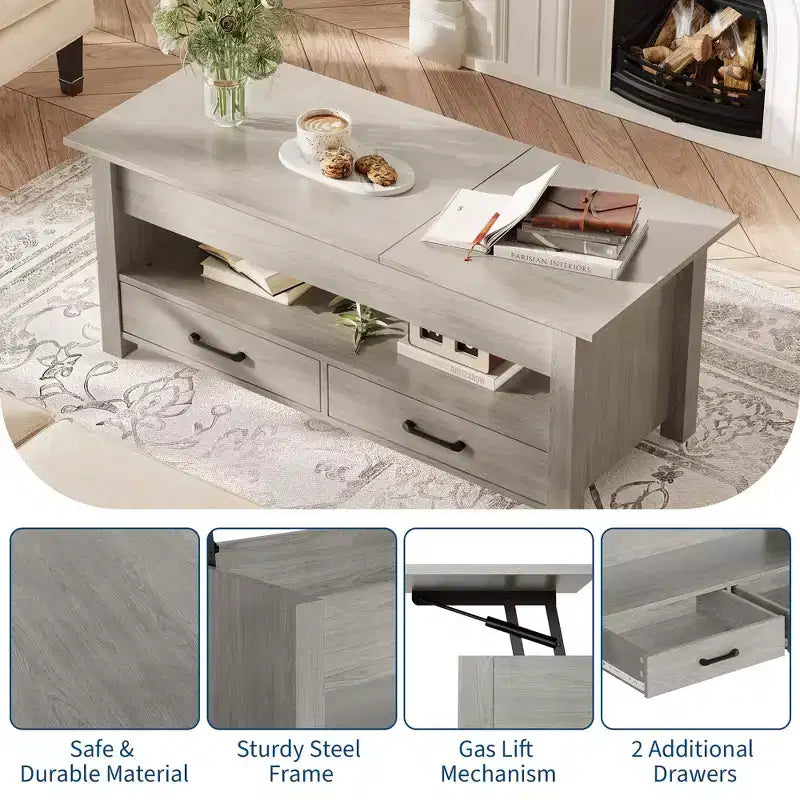 Table basse en bois relevable 120 cm, 2 tiroirs de rangement, compartiment caché, hauteur réglable, gain de place, style ferme moderne