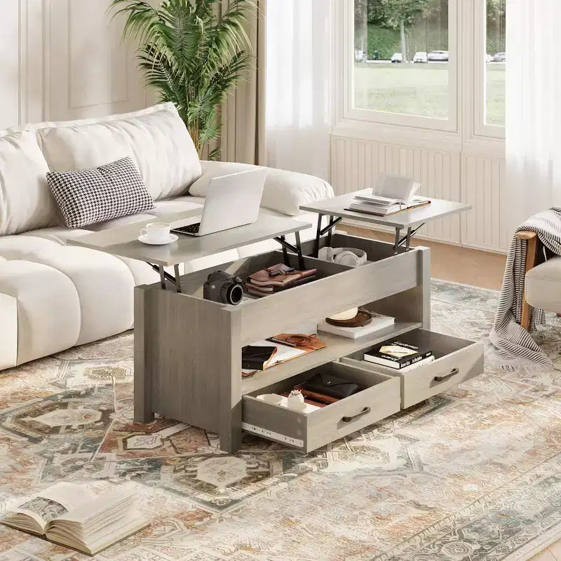 Table basse en bois relevable 120 cm, 2 tiroirs de rangement, compartiment caché, hauteur réglable, gain de place, style ferme moderne
