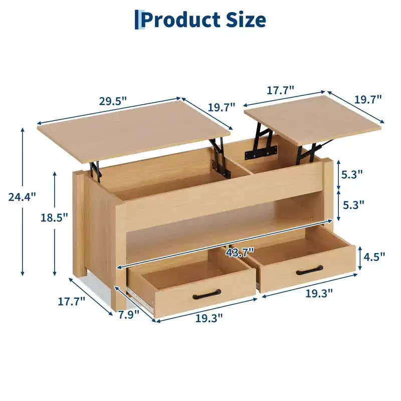 Table basse en bois relevable 120 cm, 2 tiroirs de rangement, compartiment caché, hauteur réglable, gain de place, style ferme moderne