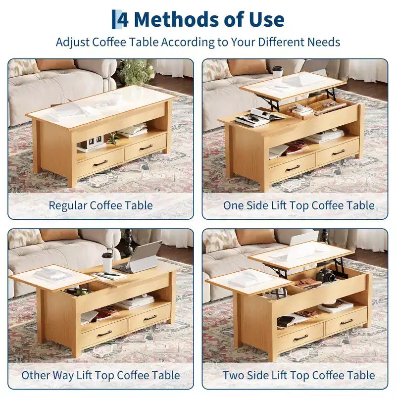 Table basse en bois relevable 120 cm, 2 tiroirs de rangement, compartiment caché, hauteur réglable, gain de place, style ferme moderne