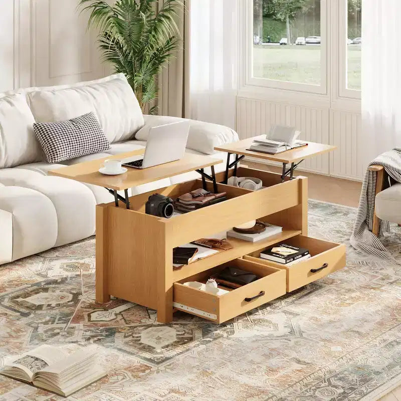 Table basse en bois relevable 120 cm, 2 tiroirs de rangement, compartiment caché, hauteur réglable, gain de place, style ferme moderne