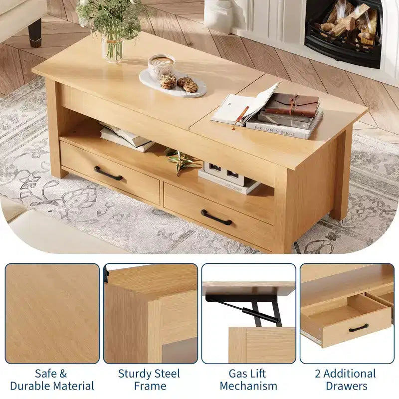 Table basse en bois relevable 120 cm, 2 tiroirs de rangement, compartiment caché, hauteur réglable, gain de place, style ferme moderne