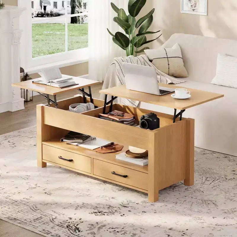 Table basse en bois relevable 120 cm, 2 tiroirs de rangement, compartiment caché, hauteur réglable, gain de place, style ferme moderne