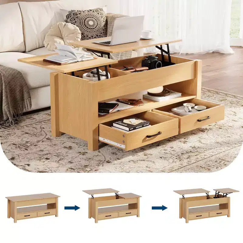 Table basse en bois relevable 120 cm, 2 tiroirs de rangement, compartiment caché, hauteur réglable, gain de place, style ferme moderne