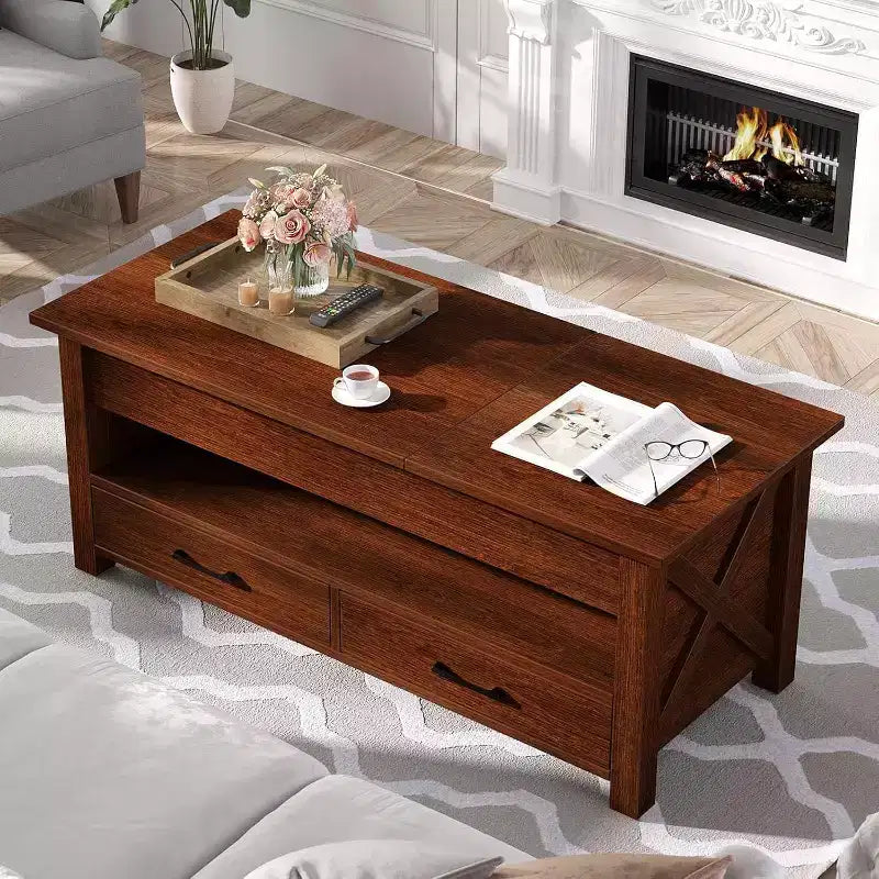 Table basse en bois relevable 120 cm, 2 tiroirs de rangement, compartiment caché, hauteur réglable, gain de place, style ferme moderne