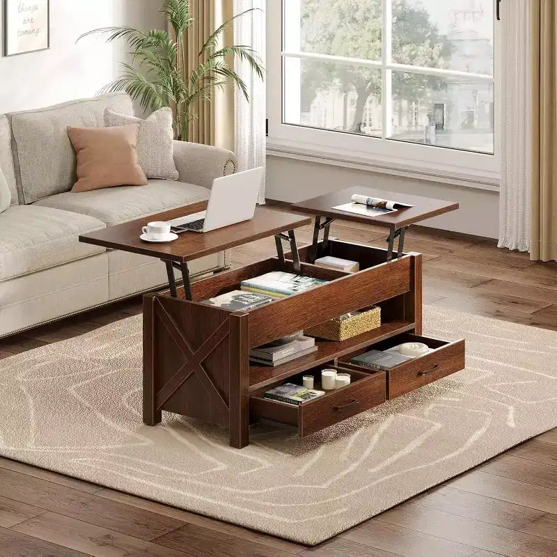 Table basse en bois relevable 120 cm, 2 tiroirs de rangement, compartiment caché, hauteur réglable, gain de place, style ferme moderne