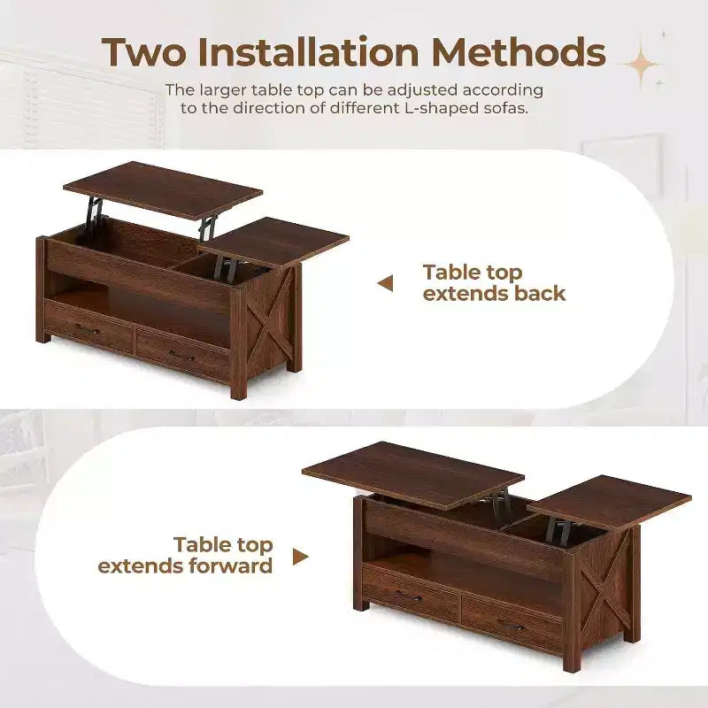 Table basse en bois relevable 120 cm, 2 tiroirs de rangement, compartiment caché, hauteur réglable, gain de place, style ferme moderne