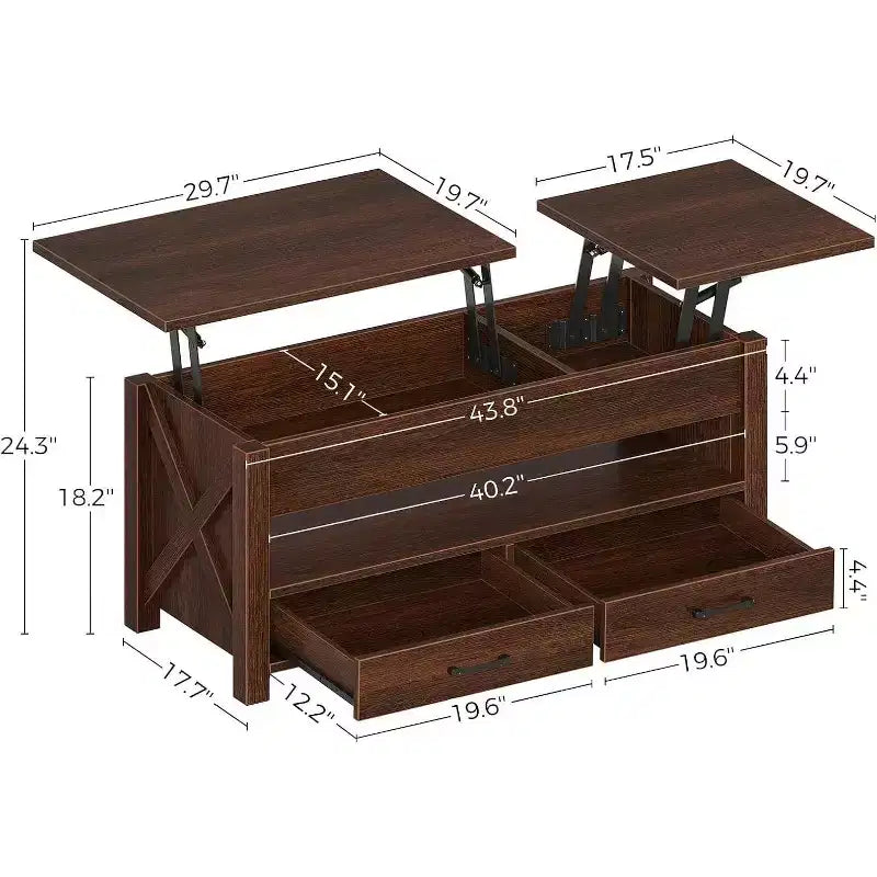 Table basse en bois relevable 120 cm, 2 tiroirs de rangement, compartiment caché, hauteur réglable, gain de place, style ferme moderne