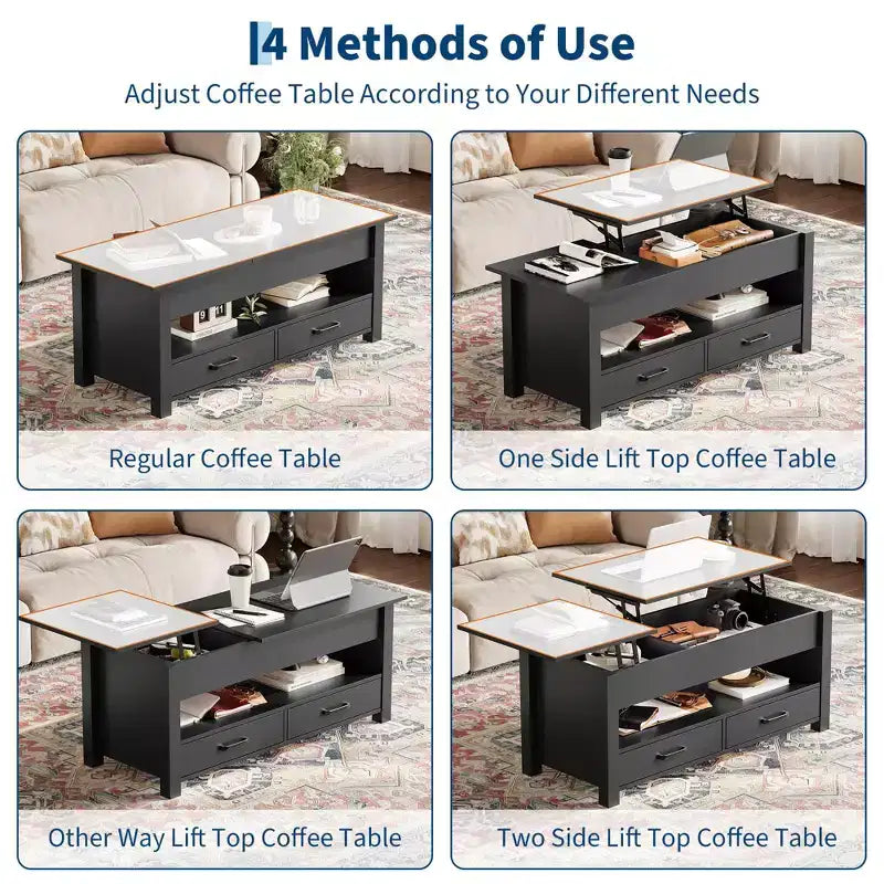 Table basse en bois relevable 120 cm, 2 tiroirs de rangement, compartiment caché, hauteur réglable, gain de place, style ferme moderne
