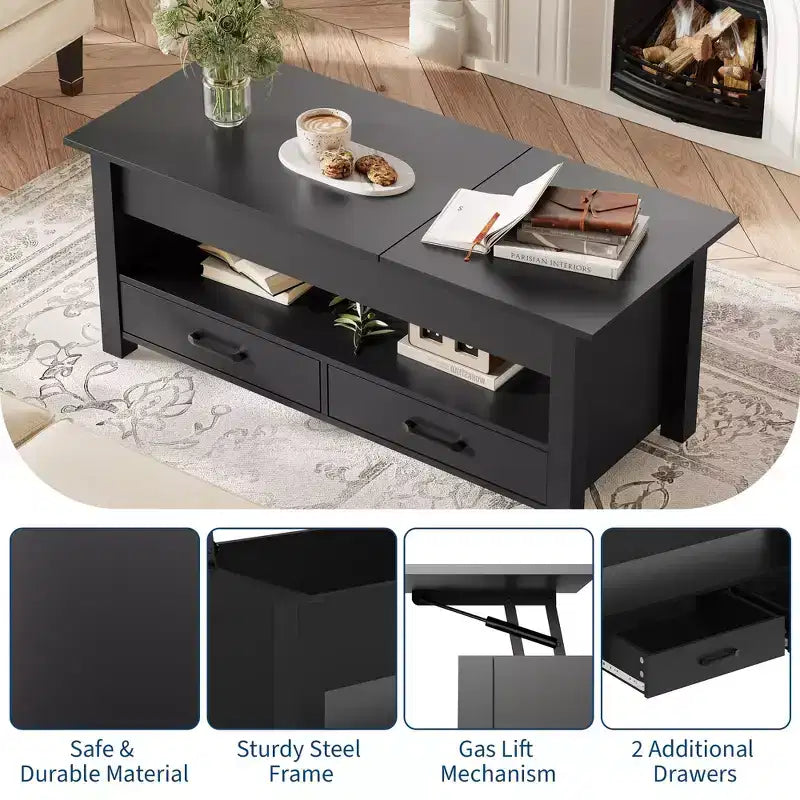 Table basse en bois relevable 120 cm, 2 tiroirs de rangement, compartiment caché, hauteur réglable, gain de place, style ferme moderne