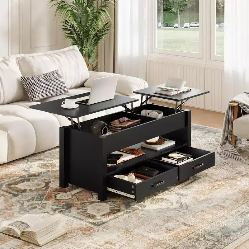 Table basse en bois relevable 120 cm, 2 tiroirs de rangement, compartiment caché, hauteur réglable, gain de place, style ferme moderne