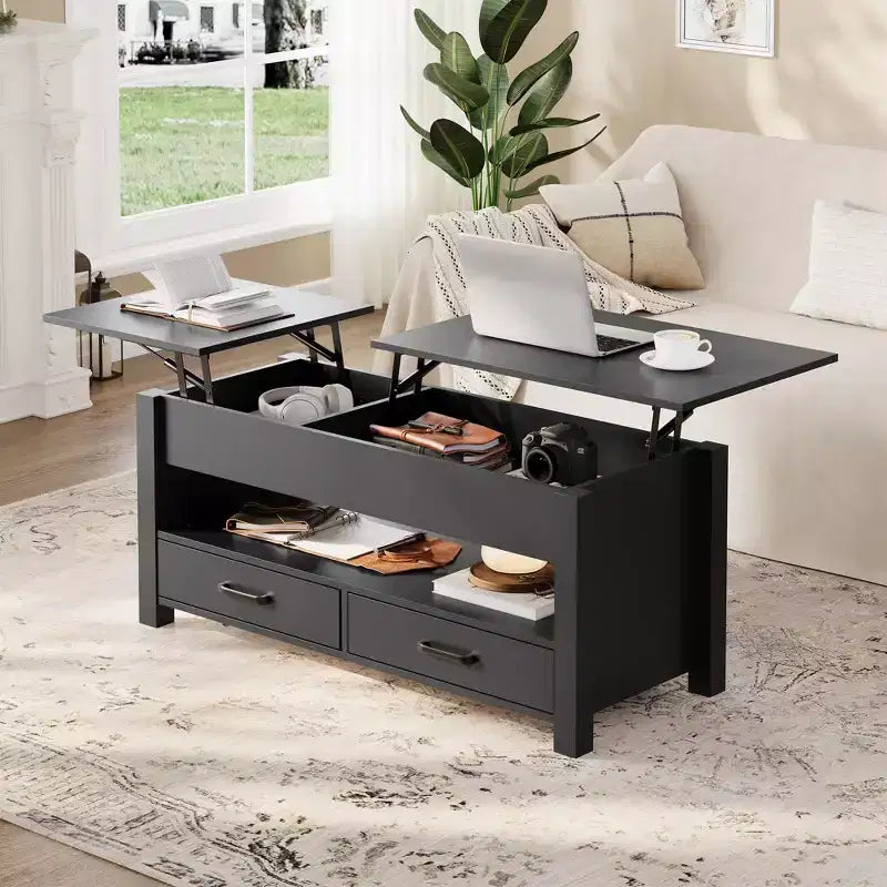 Table basse en bois relevable 120 cm, 2 tiroirs de rangement, compartiment caché, hauteur réglable, gain de place, style ferme moderne