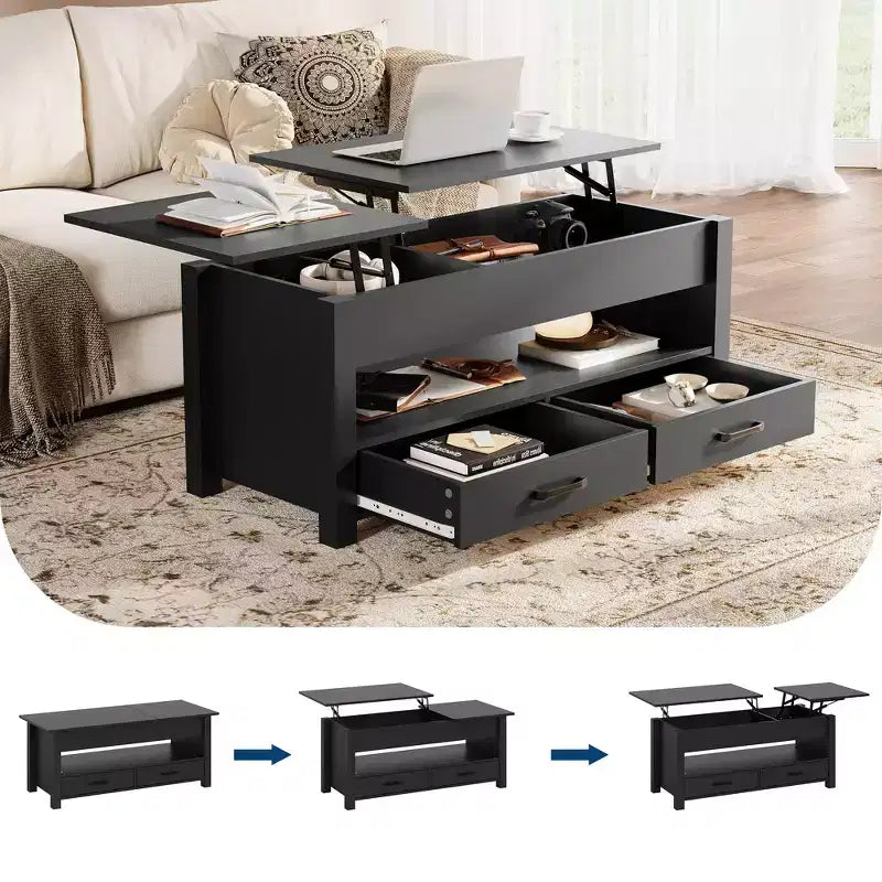 Table basse en bois relevable 120 cm, 2 tiroirs de rangement, compartiment caché, hauteur réglable, gain de place, style ferme moderne