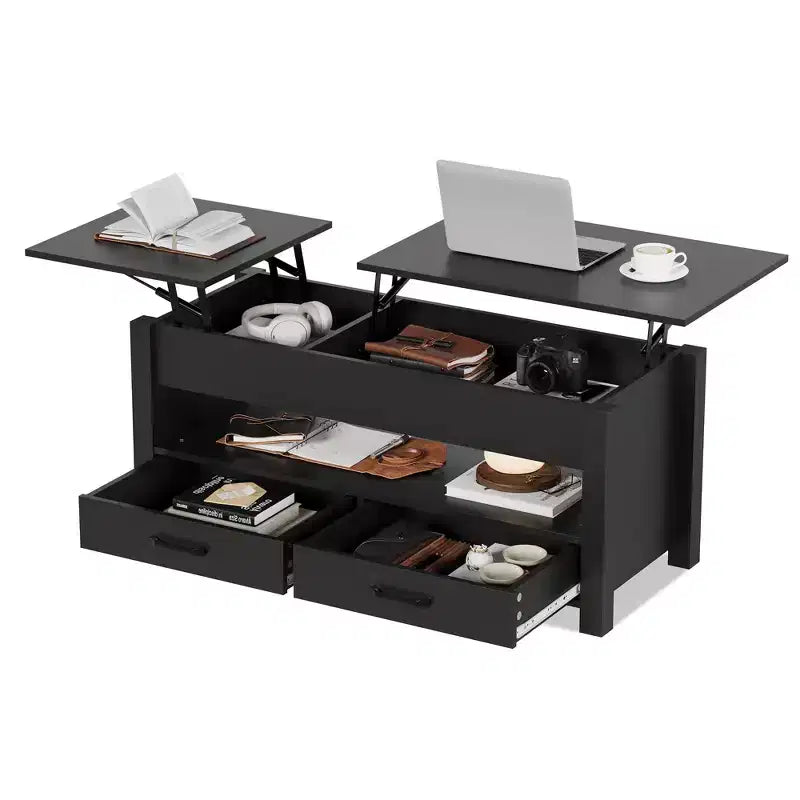 Lift Top Wooden Coffee Table  47.2 Center Table, 2 Storage Drawers, Hidden Compartment, Height Adjustable, Space-Saving, Modern Farmhouse