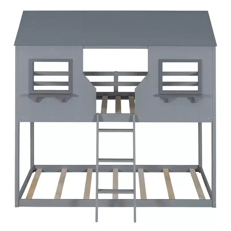 Lit superposé maison avec toit et fenêtre pour deux lits jumeaux