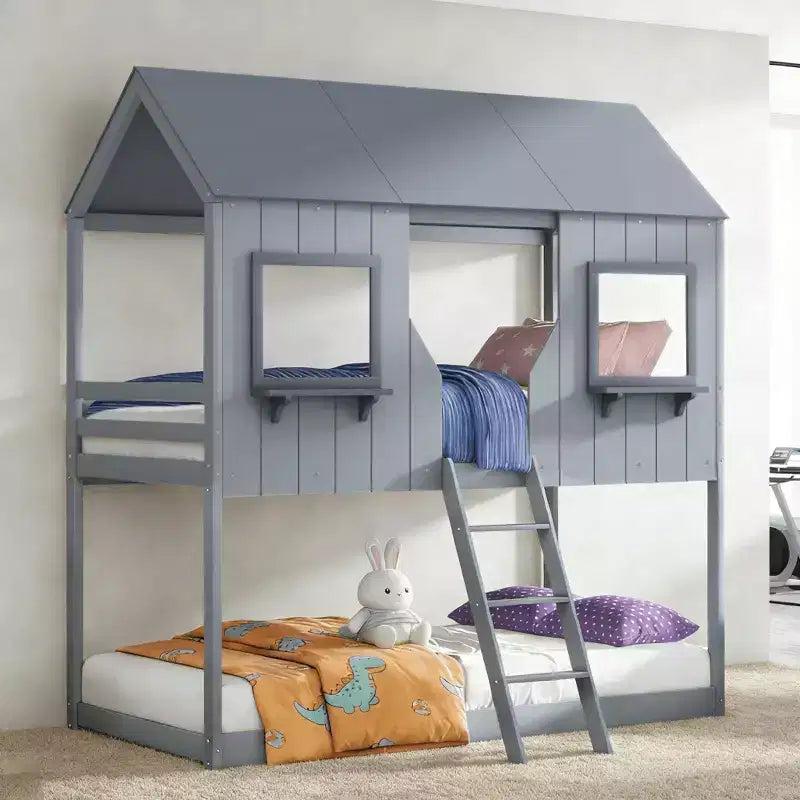 Luxystar Twin Over Twin House Style Bunk Bed with Roof and Window