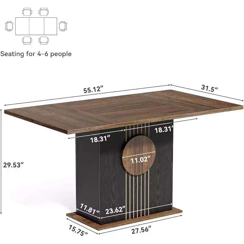 Table à manger rectangulaire pour 6 personnes, table de cuisine moderne avec base robuste pour salle à manger, marron et noir