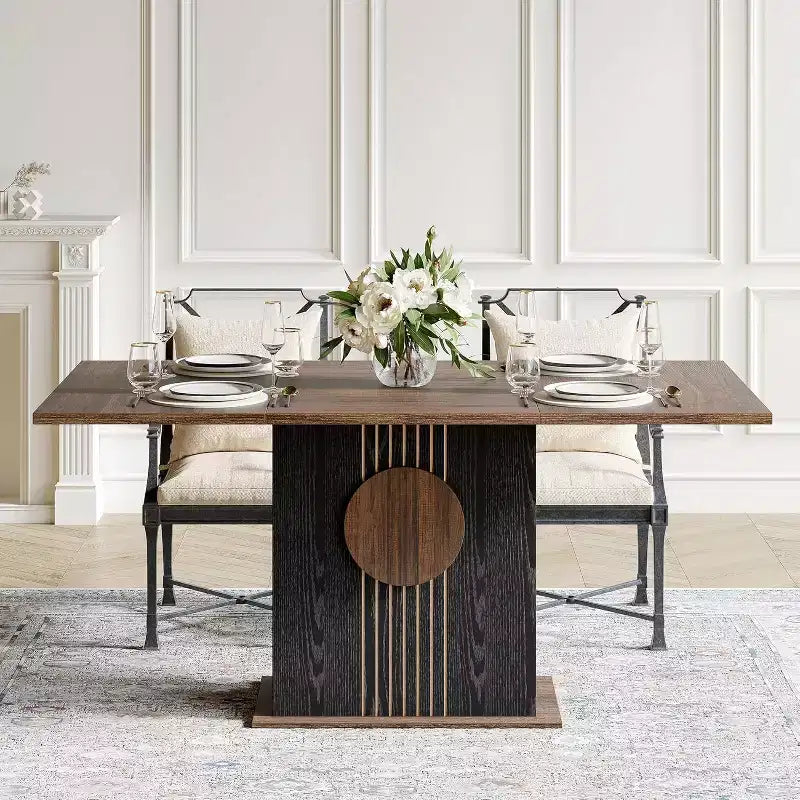 Table à manger rectangulaire pour 6 personnes, table de cuisine moderne avec base robuste pour salle à manger, marron et noir