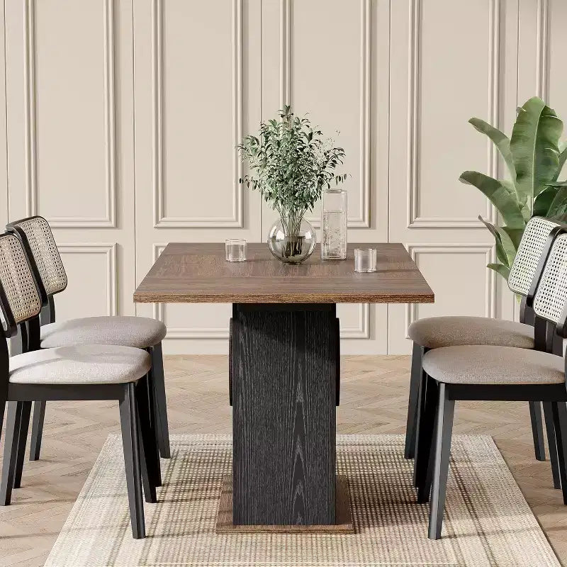 Table à manger rectangulaire pour 6 personnes, table de cuisine moderne avec base robuste pour salle à manger, marron et noir