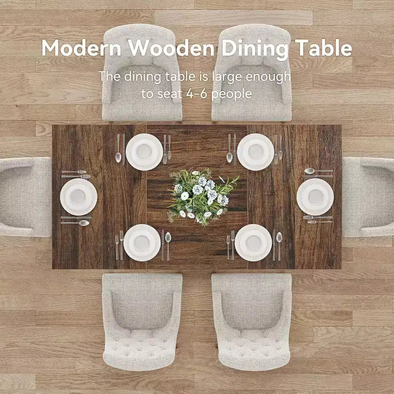 Table à manger rectangulaire pour 6 personnes, table de cuisine moderne avec base robuste pour salle à manger, marron et noir