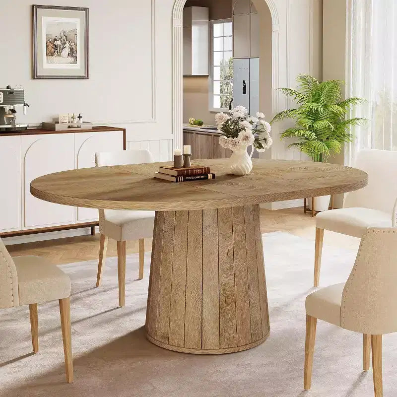 Lantine Oval Dining Table for 6 People, 55.11-Inch Farmhouse Kitchen Dinner Table with Cylindrical Pedestal (Light Brown)