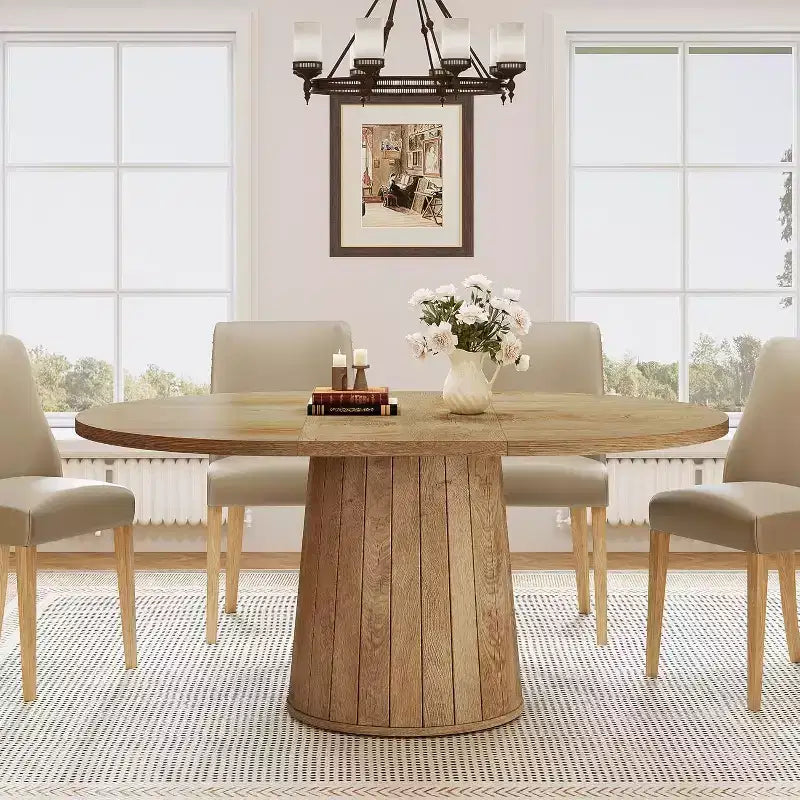 Table à manger ovale pour 6 personnes, table de cuisine de ferme de 140 cm avec pied cylindrique (marron clair)