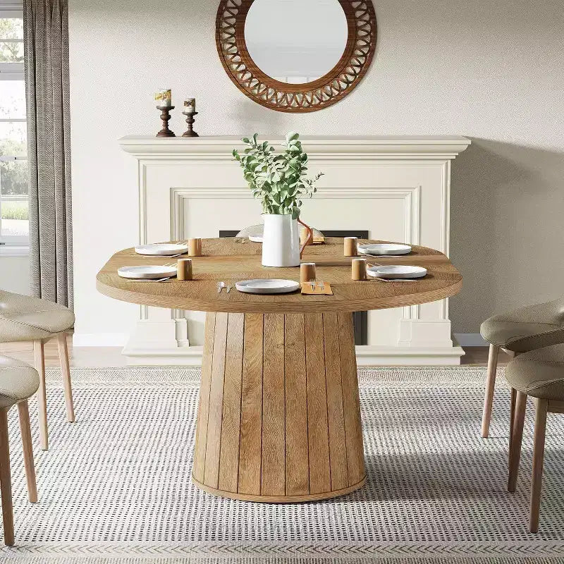 Table à manger ovale pour 6 personnes, table de cuisine de ferme de 140 cm avec pied cylindrique (marron clair)