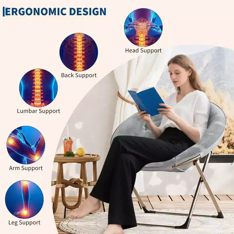 Fauteuil à bascule, Fauteuil lune surdimensionné avec coussin moelleux et cadre en métal doré, Chaise lune intérieure/extérieure pour salon, chambre, gris (2 pièces)