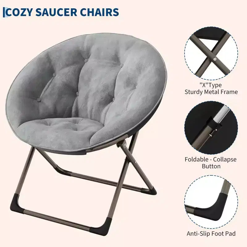 Fauteuil à bascule, Fauteuil lune surdimensionné avec coussin moelleux et cadre en métal doré, Chaise lune intérieure/extérieure pour salon, chambre, gris (2 pièces)