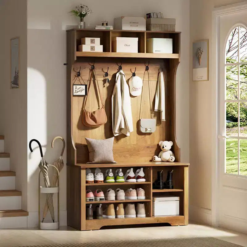 Hommpa 7 Tri-Hooks Entryway Hall Tree with Storage Bench, Coat Hooks & Shoe Cabinet