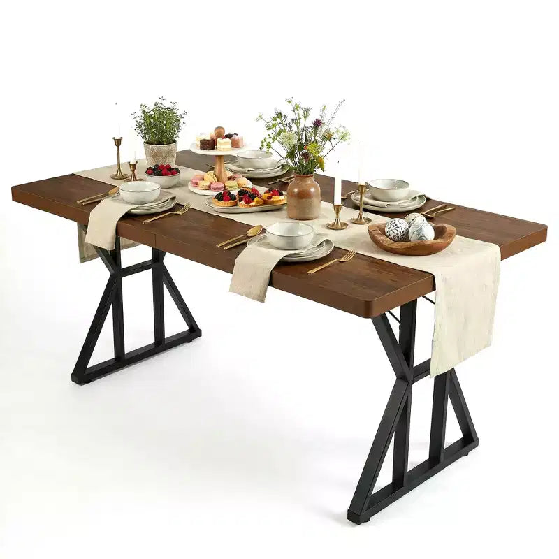 FurnitureR Industrial Dining Table with Wood Look Top and X-Shaped Metal Base, Fixed Size Rectangular Table for Dining Room or Kitchen