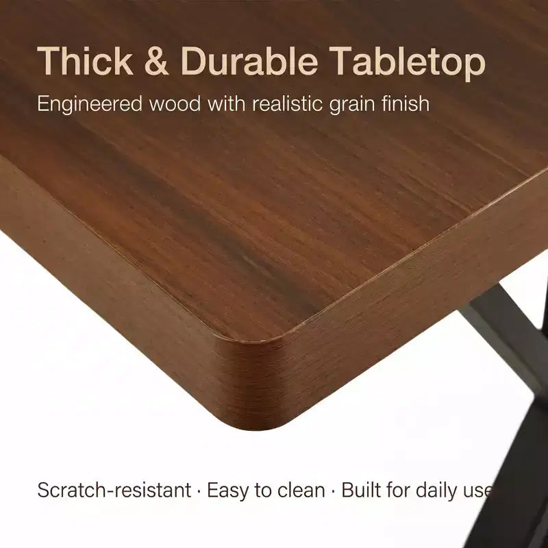 Table de salle à manger industrielle avec plateau effet bois et piètement métallique en X, table rectangulaire de taille fixe pour salle à manger ou cuisine