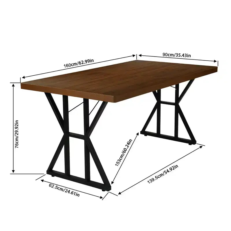 Table de salle à manger industrielle avec plateau effet bois et piètement métallique en X, table rectangulaire de taille fixe pour salle à manger ou cuisine