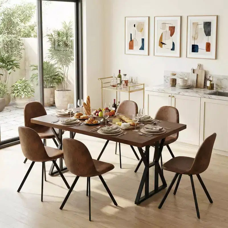 Table de salle à manger industrielle avec plateau effet bois et piètement métallique en X, table rectangulaire de taille fixe pour salle à manger ou cuisine